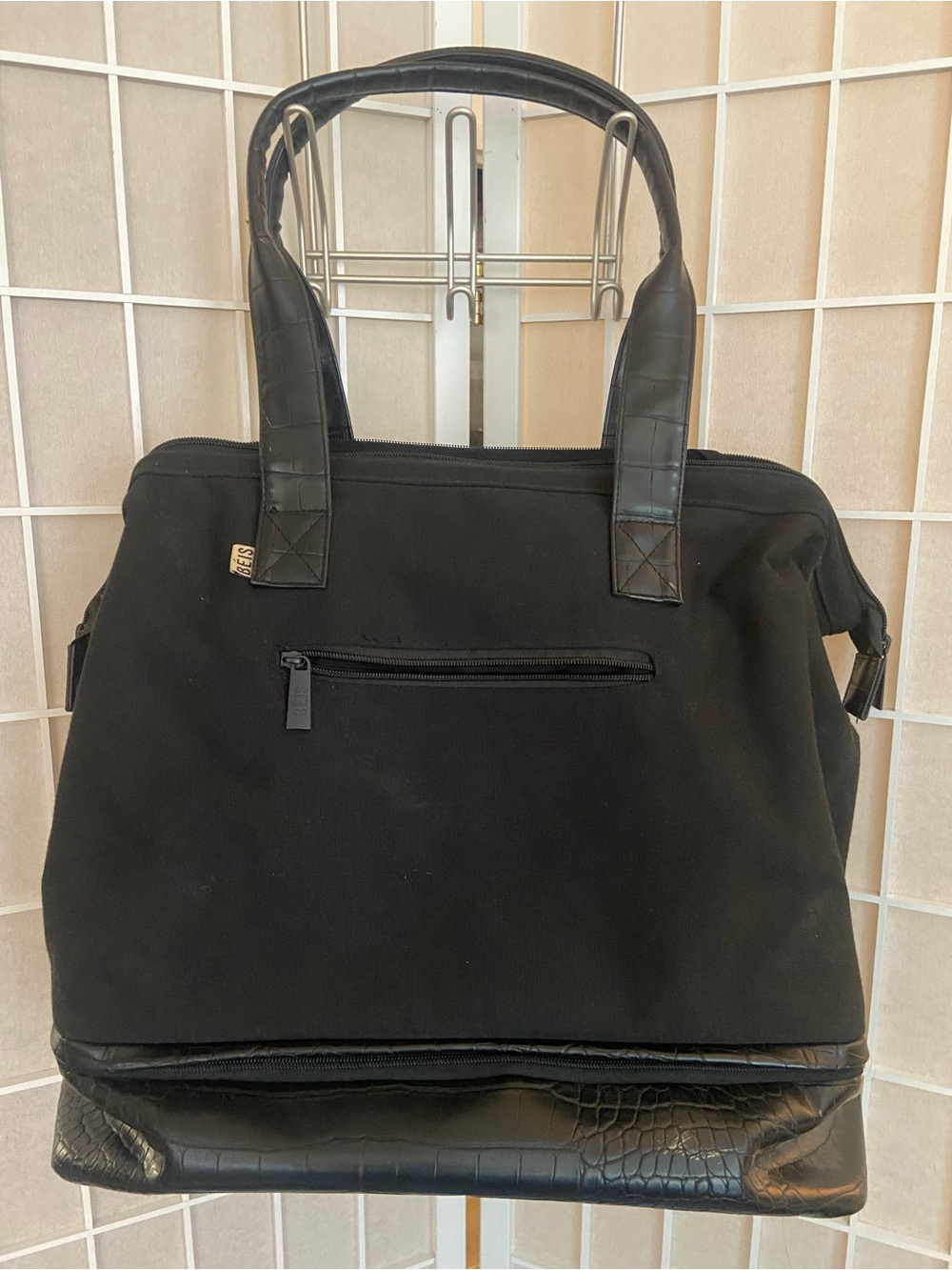 BEIS Black Travel Tote with Croc-Textured Base